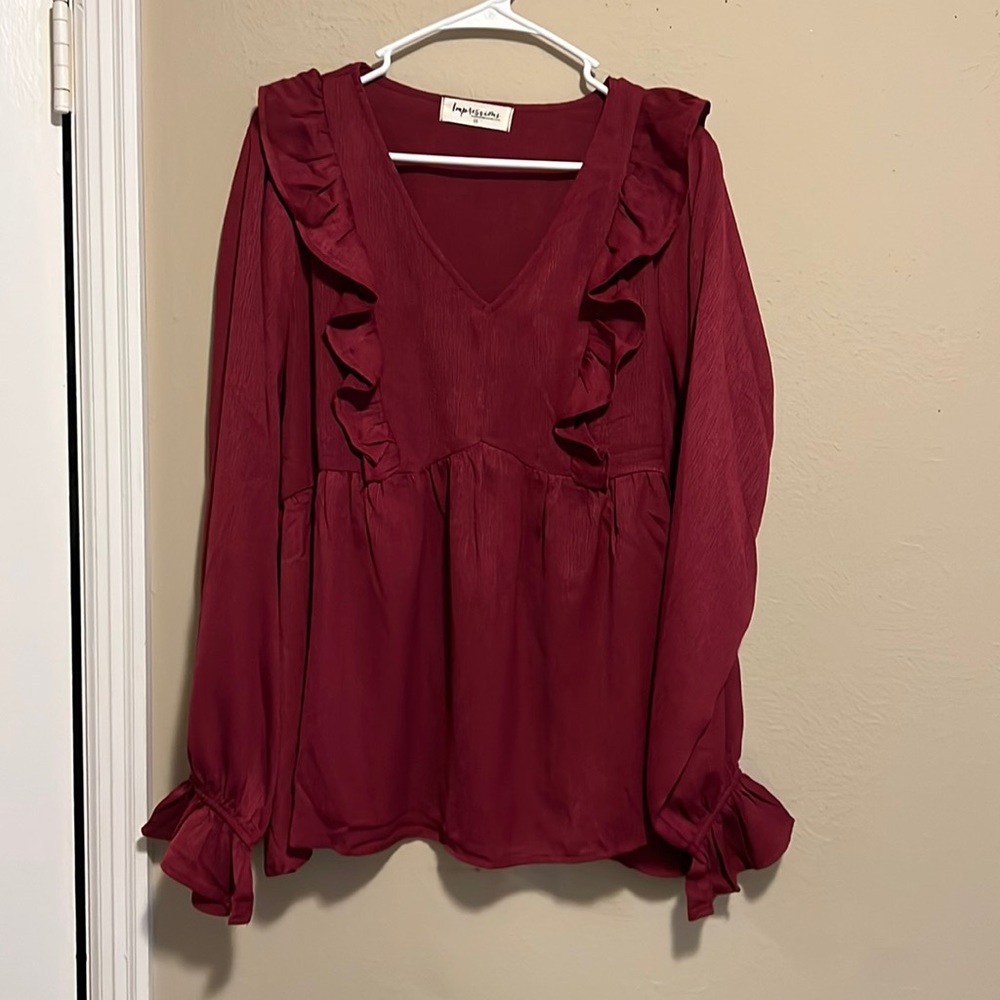Plum Blouse Ruffled - Cuffed Sleeve